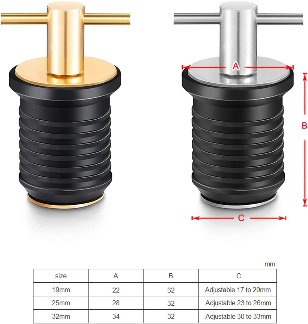 Drain Plug, 3/4-inch, 1-inch or 1-1/4-Inch Snap, T-Shape Drain Plug Twist-Turn Marine Boat Drain Plugs, Brass Snap Handle with Rubber Boat Drain Plug Copper, 19mm