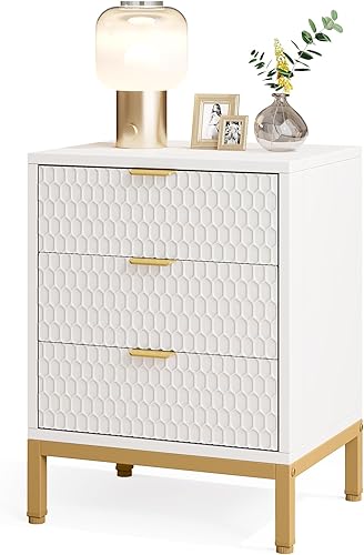 LITTLE TREE Mesita de noche moderna con 3 cajones, color blanco dorado, mesa auxiliar con almacenamiento para dormitorio, sala de estar