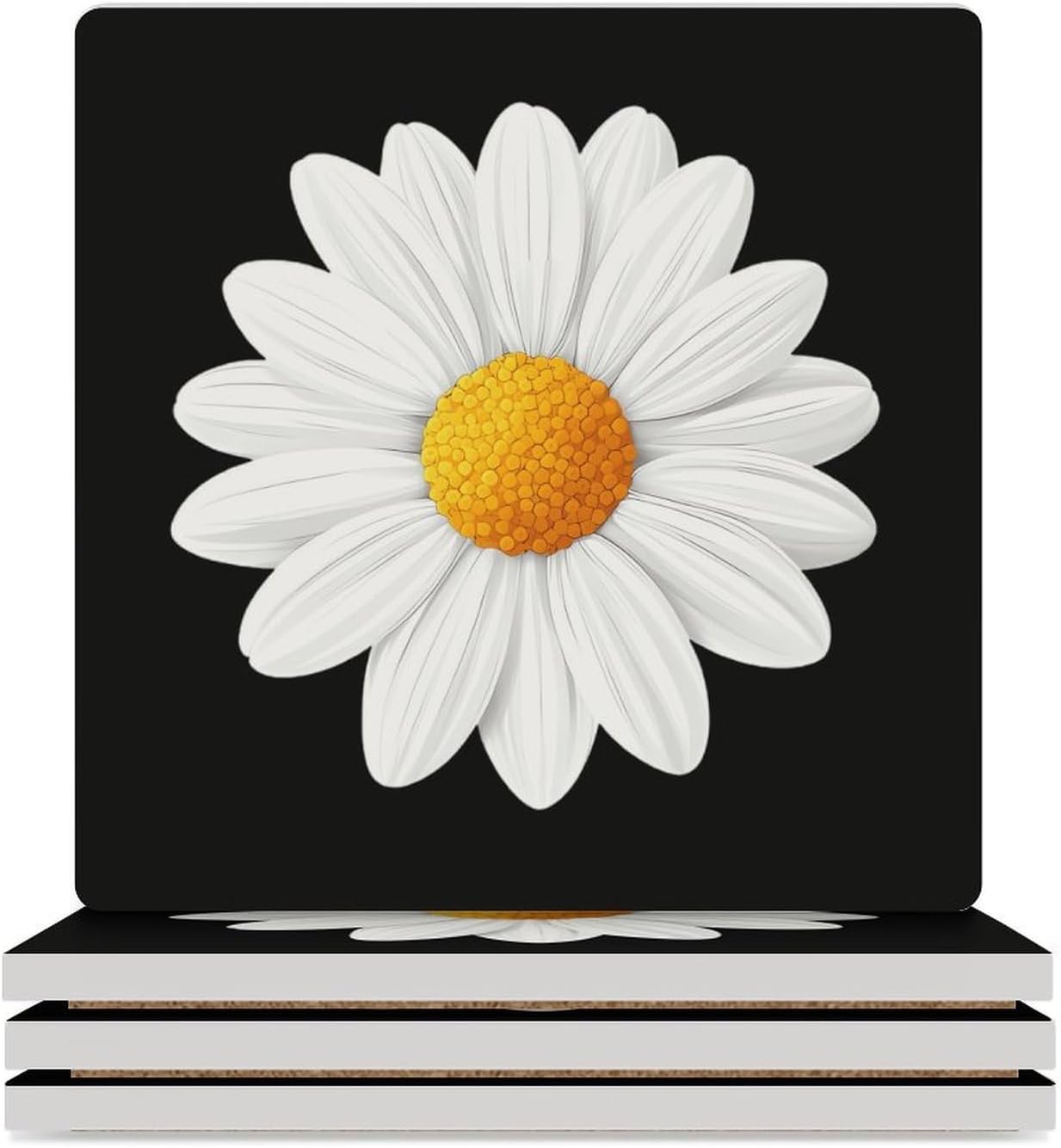 White Daisy Flower Funny Ceramic Coasters for Drink Absorbent Cup Holders Tabletop Protection