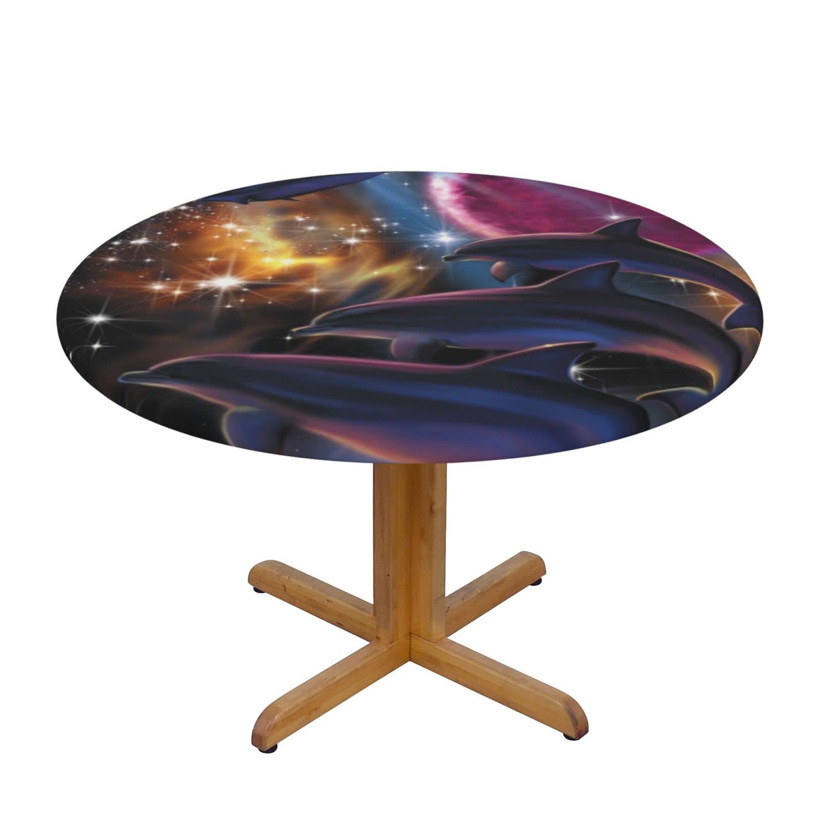 Lsjuee Round Fitted Tablecloth 45-50in Elastic Edged Table Cloth for Kitchen Dining Party Home Decor - Milky Way Dolphin Abstract Universe