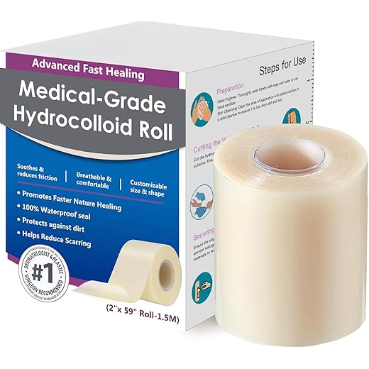 Hydrocolloid Roll for Wound Care, Medical-Grade Hydrocolloid Bandages with Self-Adhesive, Cut-to-Size Patch Bandages, Ultra Absorbent, Waterproof, First Aid Kit Essential (2in*4.8ft)