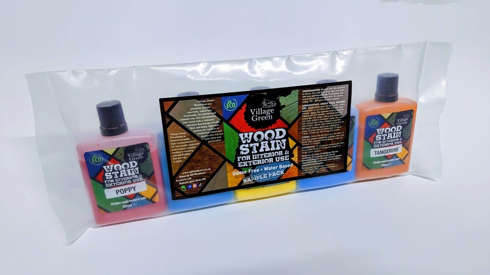 Village Green Ready to Use Wood Stain - Water Based, Eco Friendly, Premium Quality (Sample Packs) (5, Vibrant Colours)