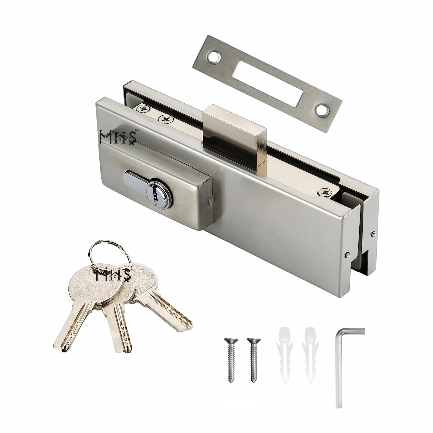 MHS Heavy Duty Stainless Steel Lock for Glass Door Thickness 10 mm to 12 mm Having 3 Ultra Keys Out Side & Knob Inside with Screws Satin Finish Pack of 1 Set (Glass to Floor, Silver) (B0CHQB22VX) Amazon Price History, Amazon Price Tracker