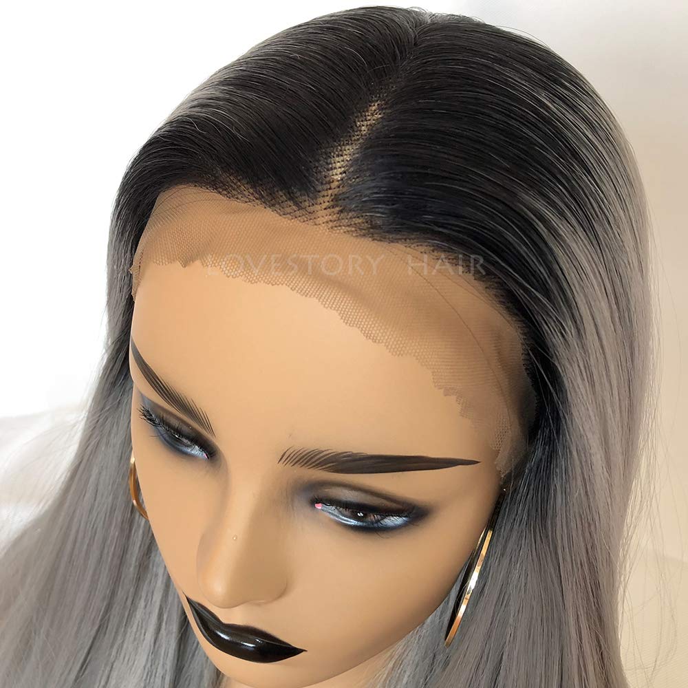 Lovestory Ombre Grey Long Straight Wigs For Women Heat Resistant Synthetic Lace Front Wig 180 Density 24 inch