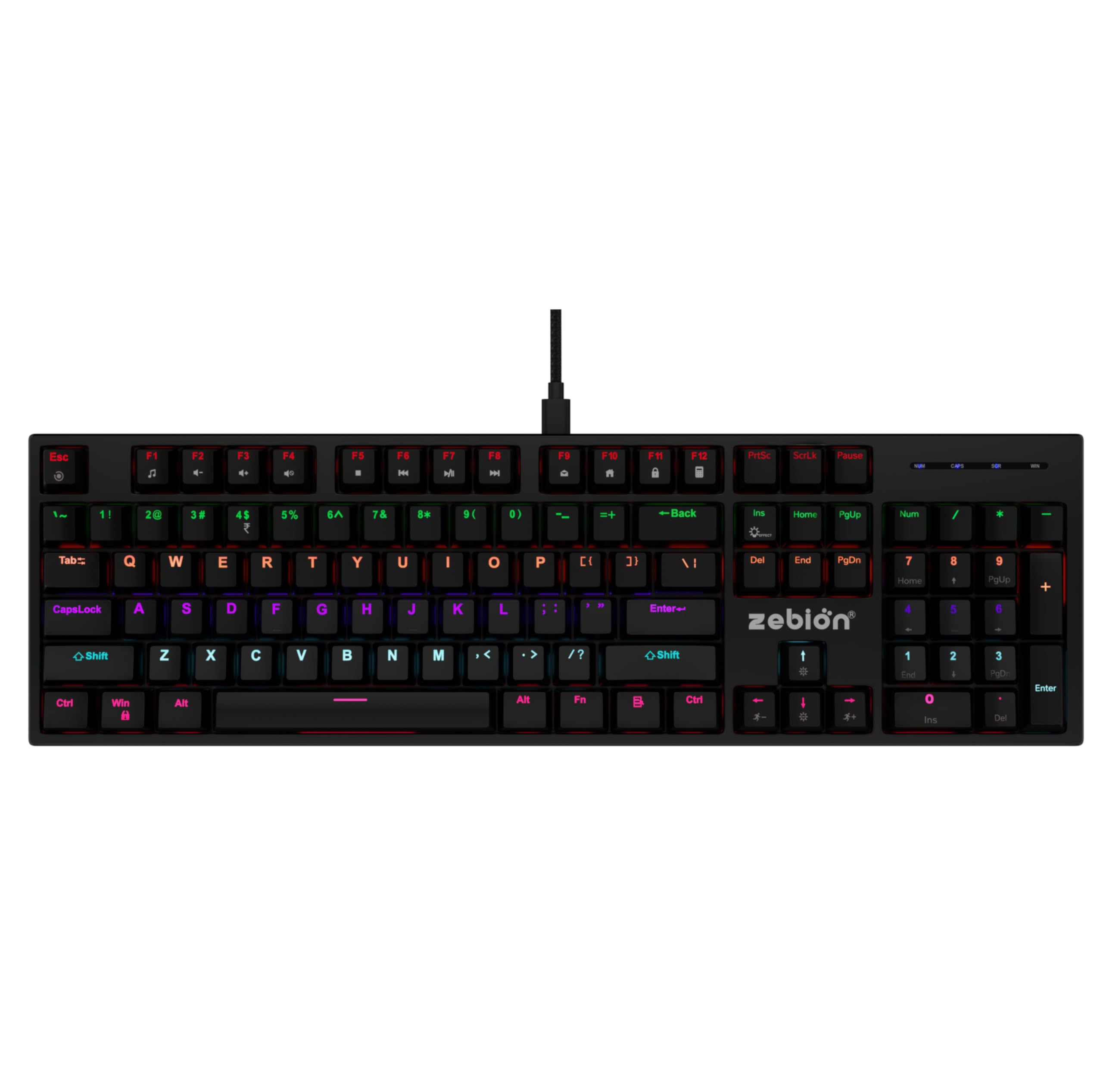 Zebion Spear Mechanical Gaming Keyboard, Tacticle Switches, 16 Lighting Effects, 25 Anti Ghosting Keys, 12 Multimedia Keys, Square Keycaps, Full Size Wired Keyboard for Windows/Mac/PC (Black)-image-6