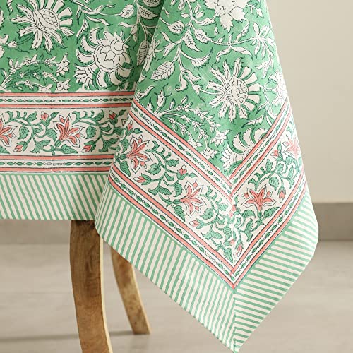 Labhanshi Indian Block Print Tablecloth, Green Floral Cotton Table Cover, Easter Wedding Table Cloth, Boho Holiday Farmhouse Tablecloths, Gift For New Home 10 Seater 72X135 Inch #TOP2