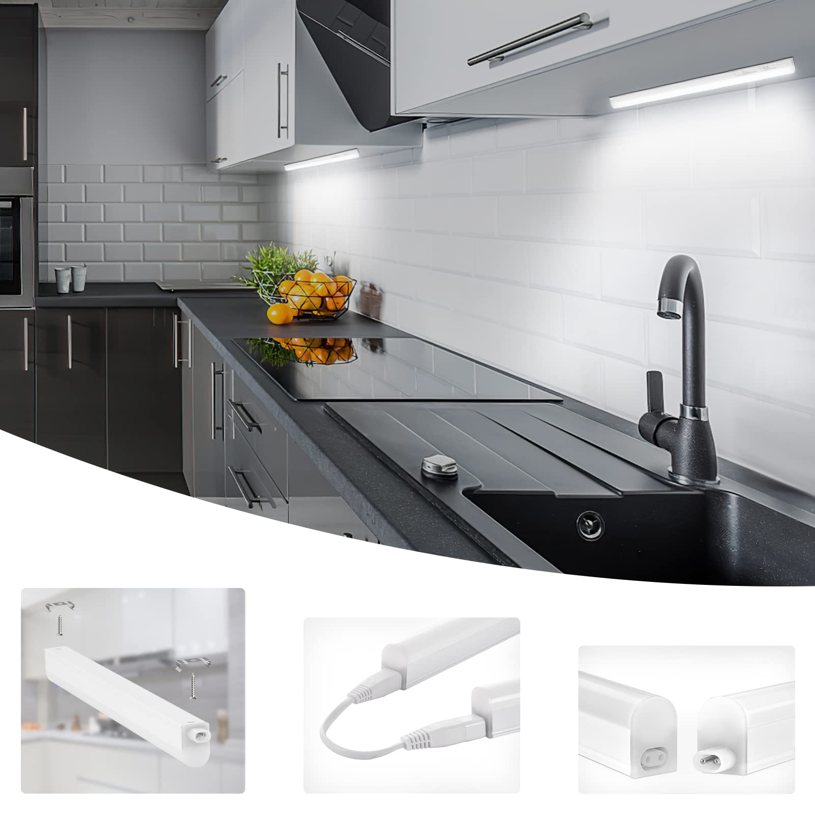 papasbox Luz Armario Cocina LED Enchufe EU, Luz Bajo Armario 13W 1300LM 6500K/4000K/3000K, Tira LED Conectable para Mueble Cocina, Lámpara Empotrable Techo/Pared con Interruptor, IP20 CE&RoHS