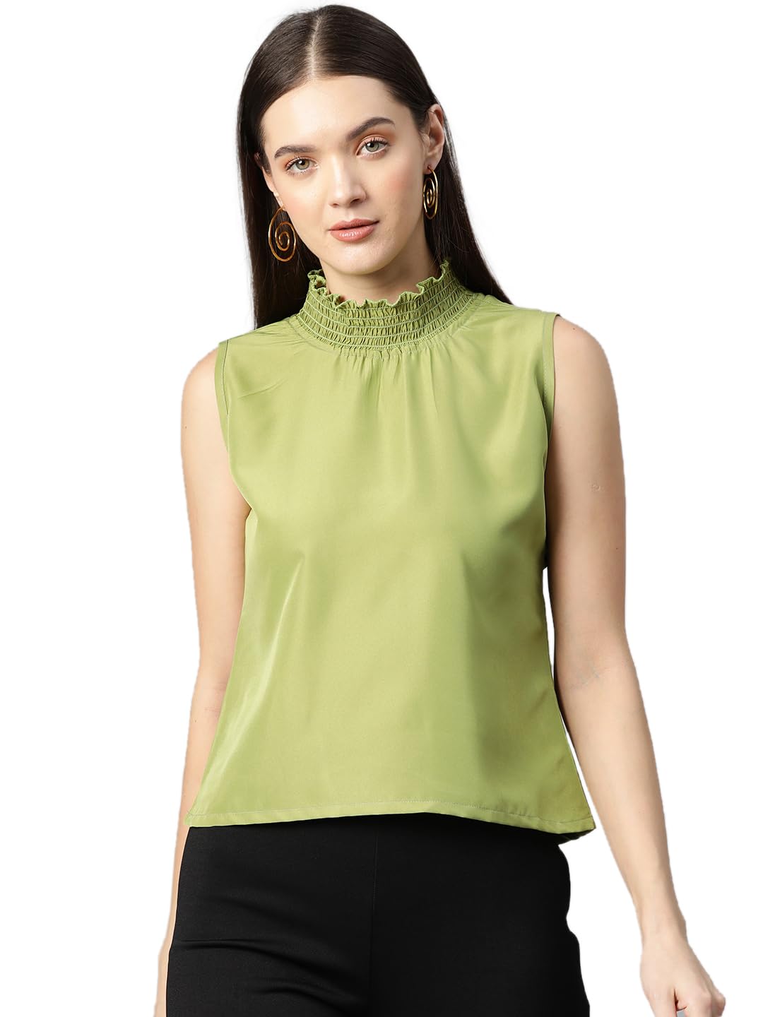 Women's High Neck Green Solid Sleeveless Top | Stylish Top Perfect for Jeans| Ideal for Casual | T-Shirt for Women-image-42
