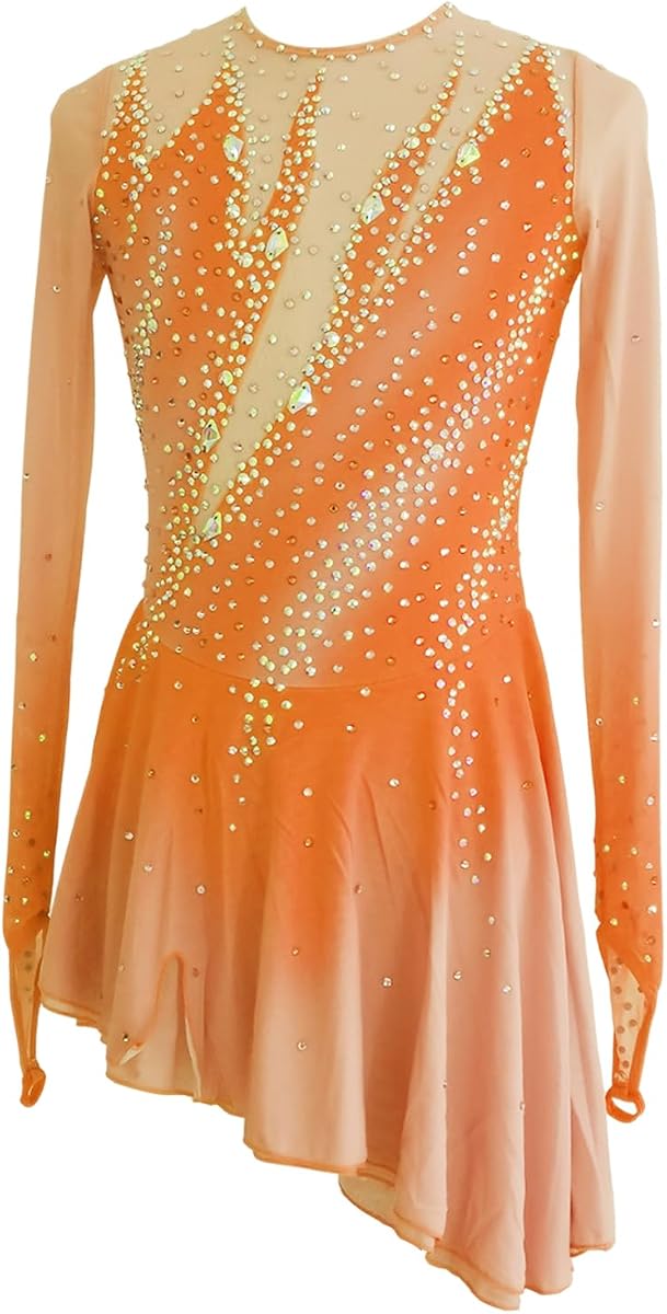 LIUHUO Girls Figure Skating Competition Dress Ice Costume | Teen Adult Female Skaters, Gradient,Long Mesh Sleeve,Rhinestone,Asymmetrical Flared Skirt, Keyhole Open Back