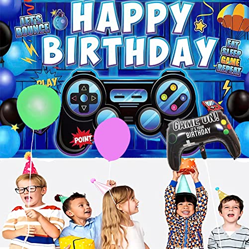 Lemon Video Game Birthday Party Supplies Set Gaming Happy Birthday Decorations Includes Video Game Backdrop, Key Chain,Cupcake Topper, Table Covers, Multi-Color Balloons And Gamer Foil Balloons For Birthday Party (Blue And Black) #TOP4