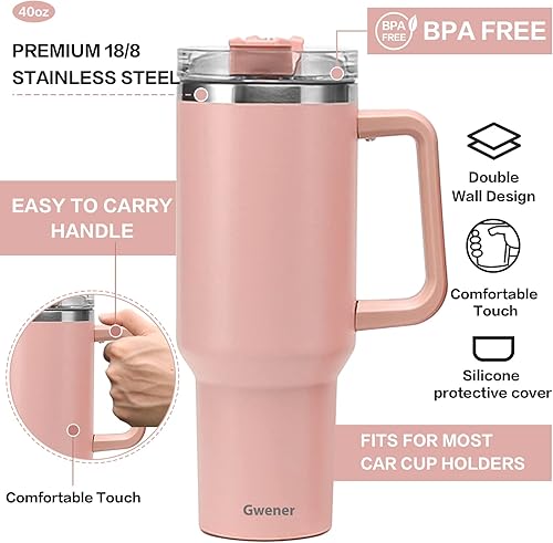 Miniatura 6 de Vaso de 40 onzas con asa y tapa con pajilla, vaso aislado de acero inoxidable, taza de viaje, para bebidas calientes y frías, taza de café de viaje