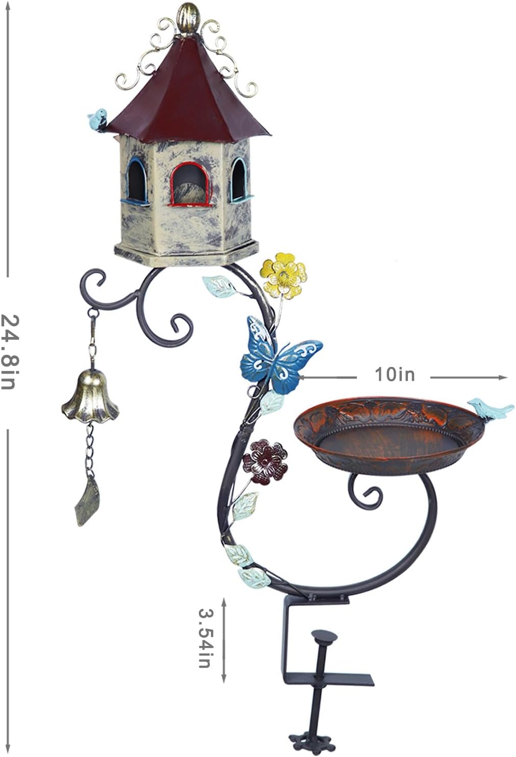 HLQMFHT Deck Bird Bath, 2 in 1 Metal Bird Bath and Bird Houses, Decorative Deck Mounted Bird Baths, Detachable and Adjustable Sturdy Deck Bird Bath for Outdoor Porch Yard Garden Decoration