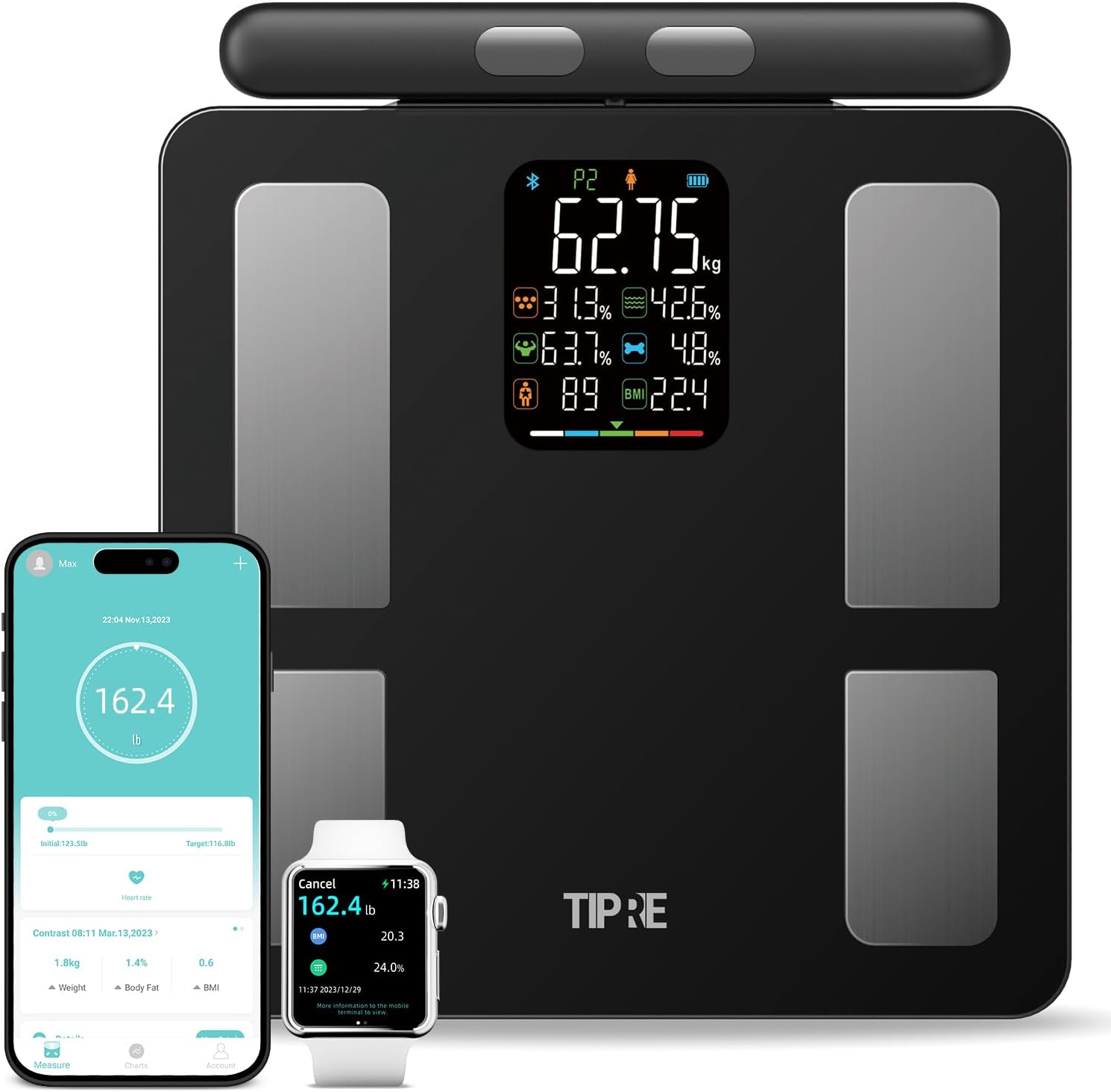 TIPRE Smart Scale for Body Weight 8-Electrode Digital Weight Scale for Body Fat Bathroom Scale with BMI Full Body Composition Analysis with Bluetooth Health Monitor for Weight Loss, 400lb