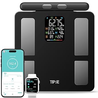 مقياس TIPRE الذكي لوزن الجسم مقياس الوزن الرقمي 8-Electrode لمقياس حمام دهون الجسم مع تحليل تكوين الجسم الكامل BMI مع شاشة Bluetooth Health لتخفيف الوزن ، 400 رطل