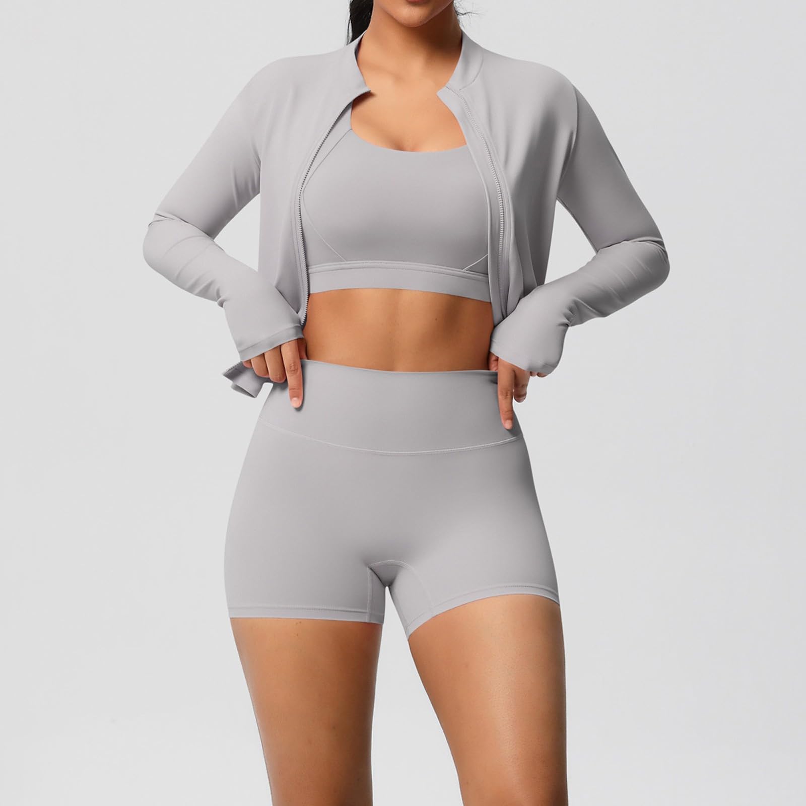 Generisch Traje de yoga para mujer, chándal de 3 piezas, cintura alta, camiseta sin vientre, chaqueta y pantalones cortos para correr, entrenamiento, gimnasio, ropa deportiva, ropa de ocio, ropa de