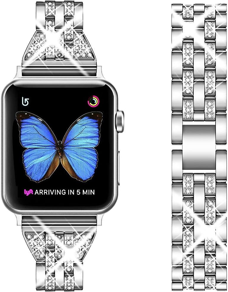 Supoix Compatible with Apple Watch Band 38mm 40mm, Women Jewelry Bling Diamond Rhinestone Replacement Metal Wristband Strap for iWatch Series 6/5/4/3/2/SE (Silver)