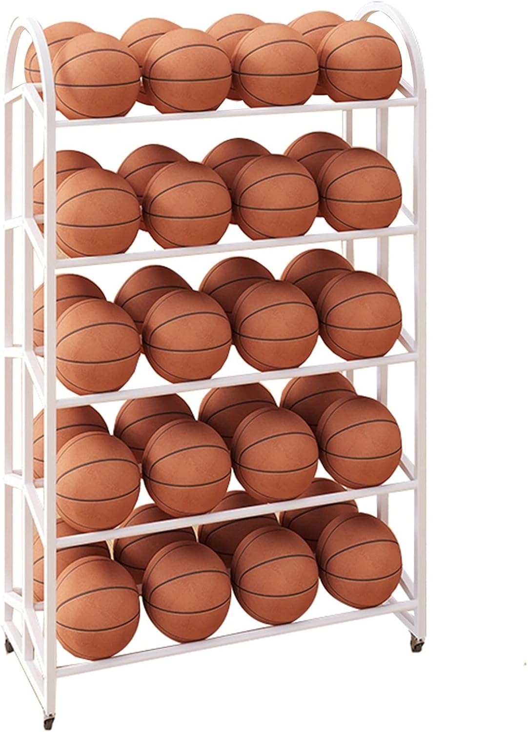 5 Tier Double-Sided Basketball Storage Cart with Wheels, Freestanding Metal Ball Storage Rack for Outdoor/Indoor/School, Extra Large Ball Holder Trolley,White 5 Tier