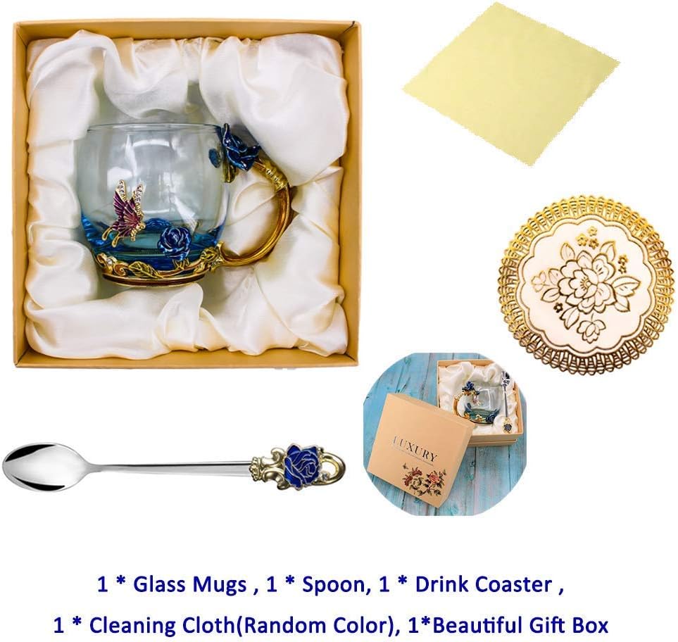 Blасk Frіdау - 80% оƒƒ Glass Mug Set Handmade Enamel Butterfly and Blue Rose Flower Tea Cups with Handle, Unique Personalized Birthday Present Ideas for Mother's Day Gifts,Christmas, New Year (Blue-Short)