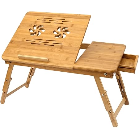 Bamboo Laptop Desk, Adjustable Portable Breakfast Serving Bed Tray with Tilting Top Drawer for Surfing Reading Writing Eating (Bamboo)
