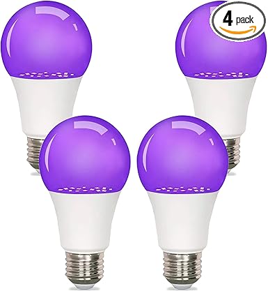 4 Pack A19 Black Light Bulb 9W, UV Blacklight Bulb Replace 100W, UVA 385-400nm, E26 Base 120V, Party Halloween Glow Decor, LED Blacklights Bulbs Non-Dimmable