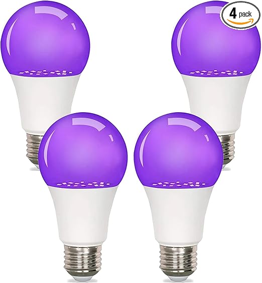 4 Pack A19 Black Light Bulb 9W, UV Blacklight Bulb Replace 100W, UVA 385-400nm, E26 Base 120V, Party Halloween Glow Decor, LED Blacklights Bulbs Non-Dimmable