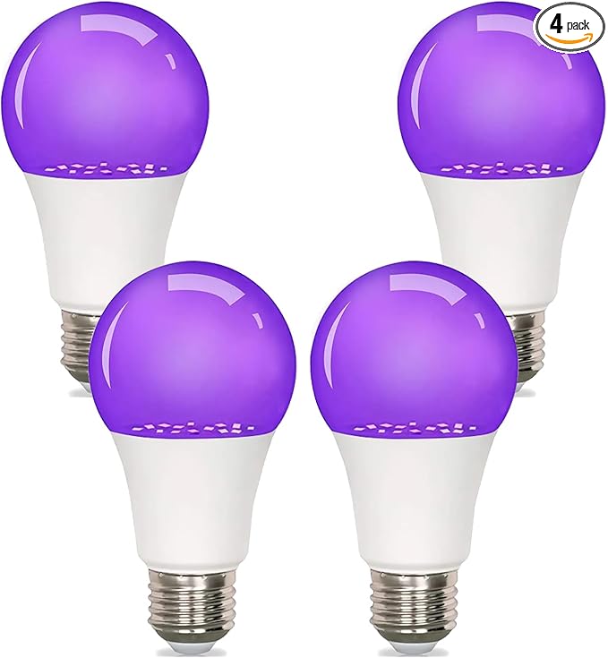 4 Pack A19 Black Light Bulb 9W, UV Blacklight Bulb Replace 100W, UVA 385-400nm, E26 Base 120V, Party Halloween Glow Decor, LED Blacklights Bulbs Non-Dimmable