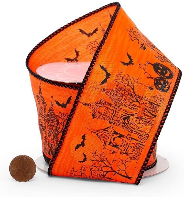 2 1/2" X 10 Yards Black/Orange Halloween House Wired Ribbon