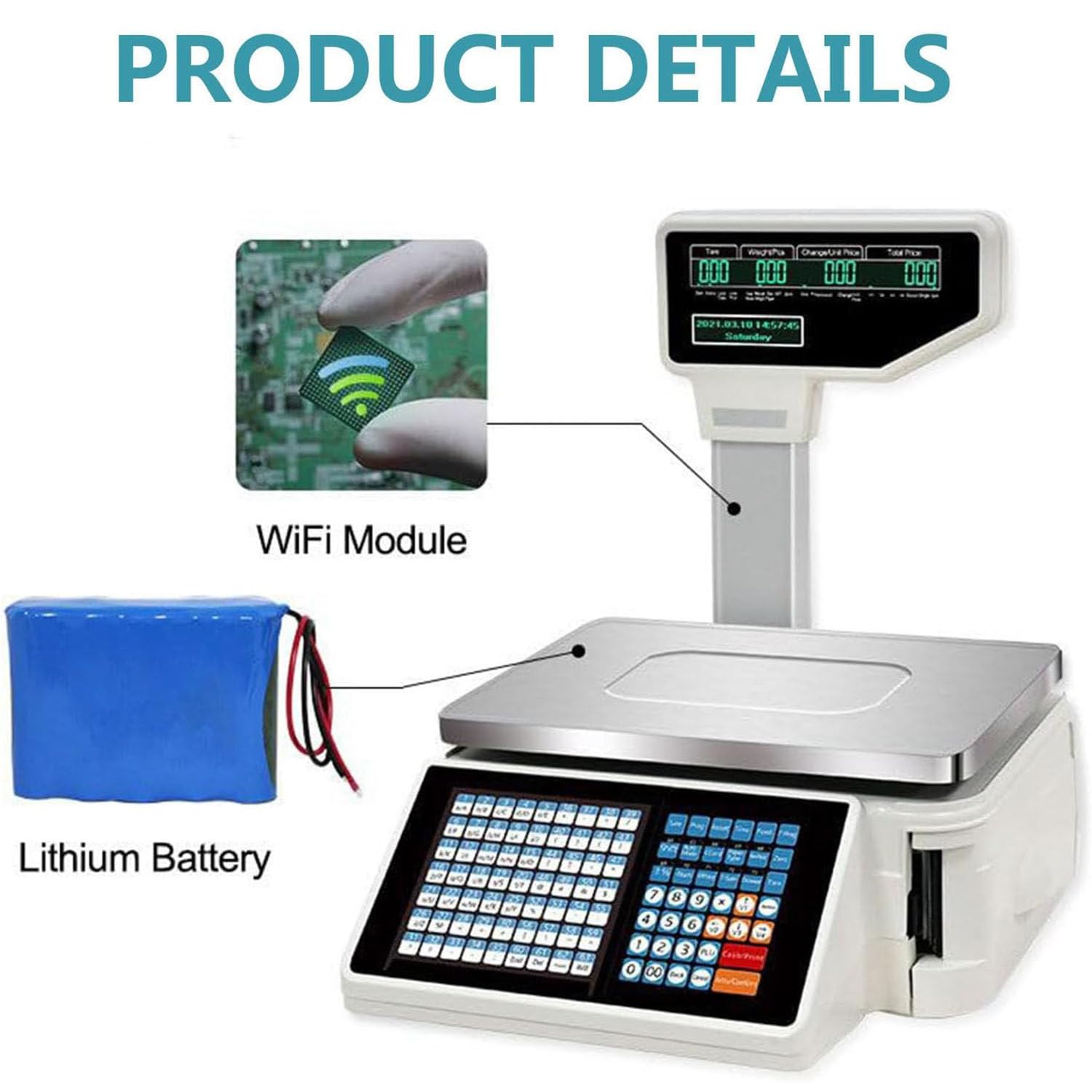 Digital Price Label Printing Scale with Barcode Weighing, Dual Display, 63 Shortcut Keys for Commercial Cash Register and Counting,Machine+Scanner
