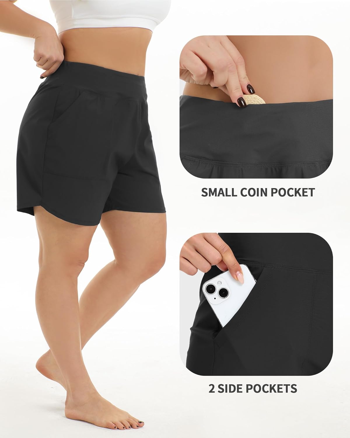 Womens Board Shorts for Swimming Drawstring High Waisted Tummy Control Quick Dry Swim Bottoms with Pockets Liners