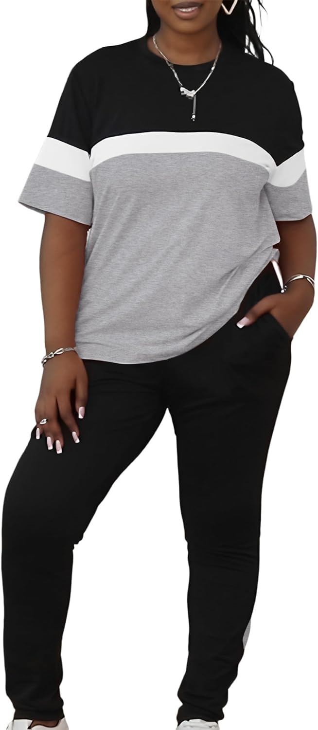 LovelyWholesale Plus Size 2 Piece Outfits for Women Color Block Tracksuit Short Sleeve Top and Pants Set