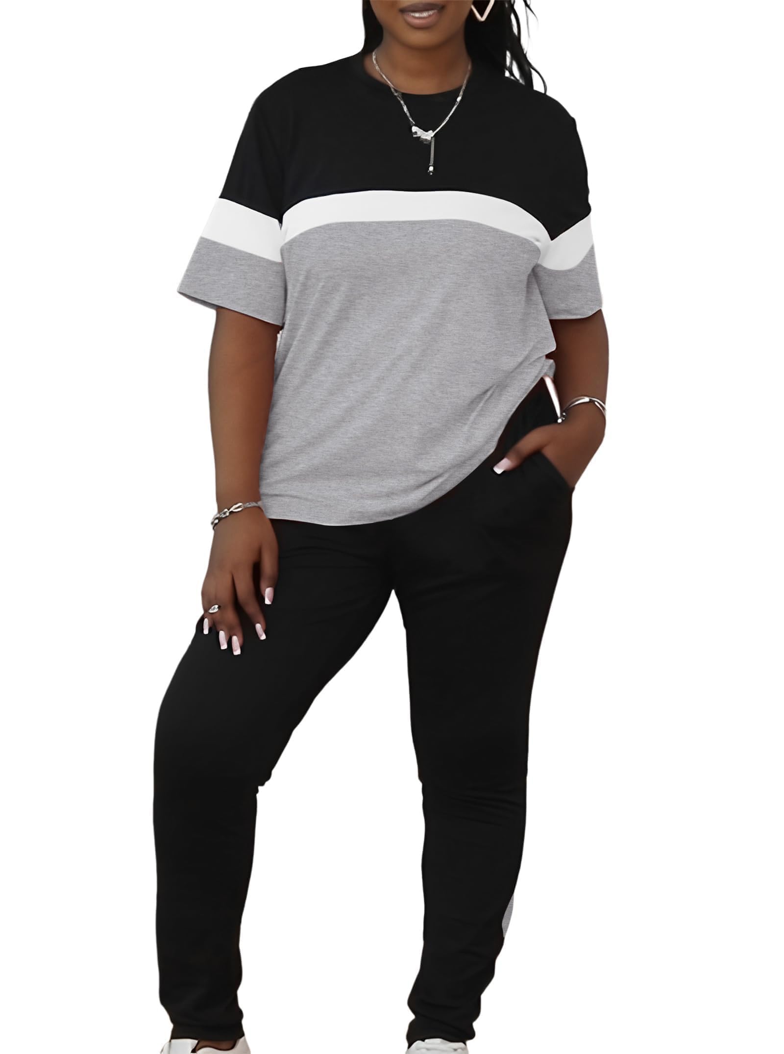 LovelyWholesale Plus Size 2 Piece Outfits for Women Color Block Tracksuit Short Sleeve Top and Pants Set