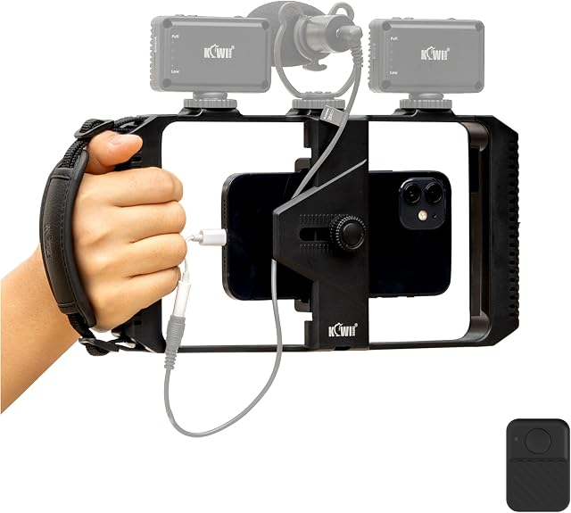 Smartphone Video Rig with Wireless Remote Control + Wrist Strap, Phone Stabilizer Handheld Filmmaking Rig Cage Supports with 3 Cold Shoe Mount for Vlogging YouTube Videomaker for iPhone 13 12 11 X XS