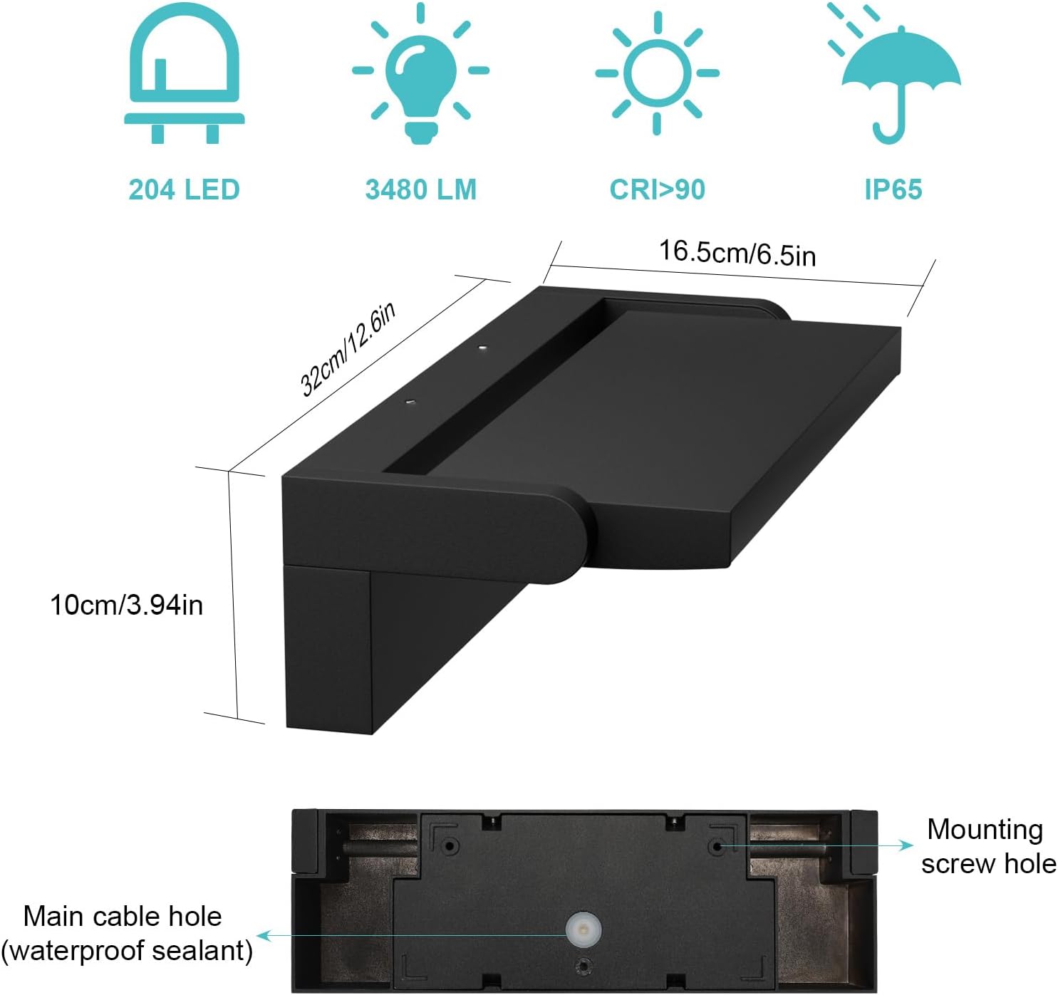 Klighten 45W LED Wall Light dimensions and mounting points
