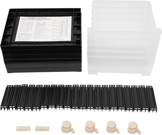 5 Drawer Storage Organiser with Wheels, 40cm Wide Plastic Drawers Unit for Office Home Organisation, Black Storage Cabinet Holds A4 Paper​