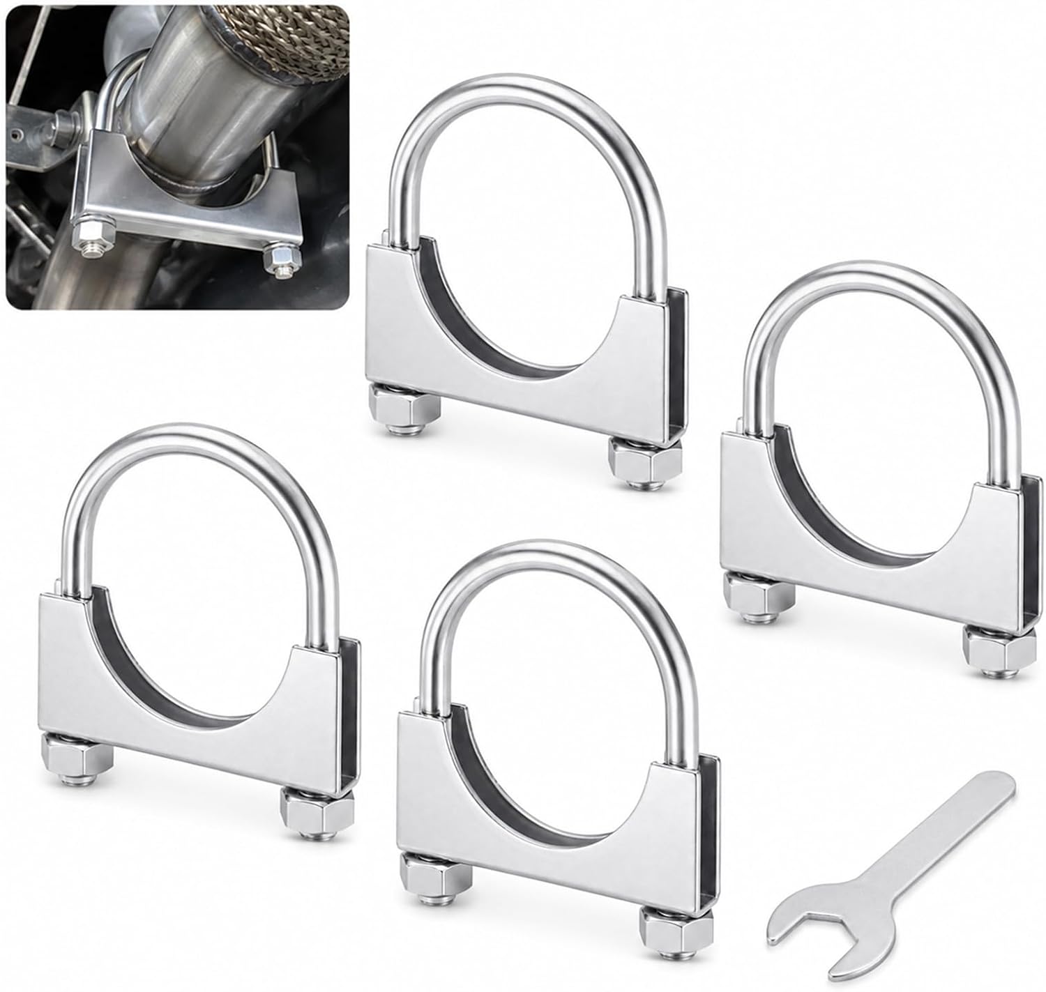 4 Pcs Heavy Duty U-Bolt Exhaust Clamps, 60-64 mm / 2.36-2.52 in Stainless Steel Saddle Style Muffler Clamps with Wrench for Automotive Truck Exhaust Pipe Repair