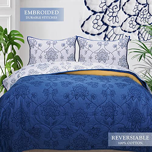 Querencia Cotton Quilt Floral Comforter Set - Blue Quilt, Cotton Bedspreads, Coverlet King Size, Bed Spread, 3 Pieces Farmhouse Bedding, Embroidered King Shams (King/Cal King, Royal Blue) #TOP3