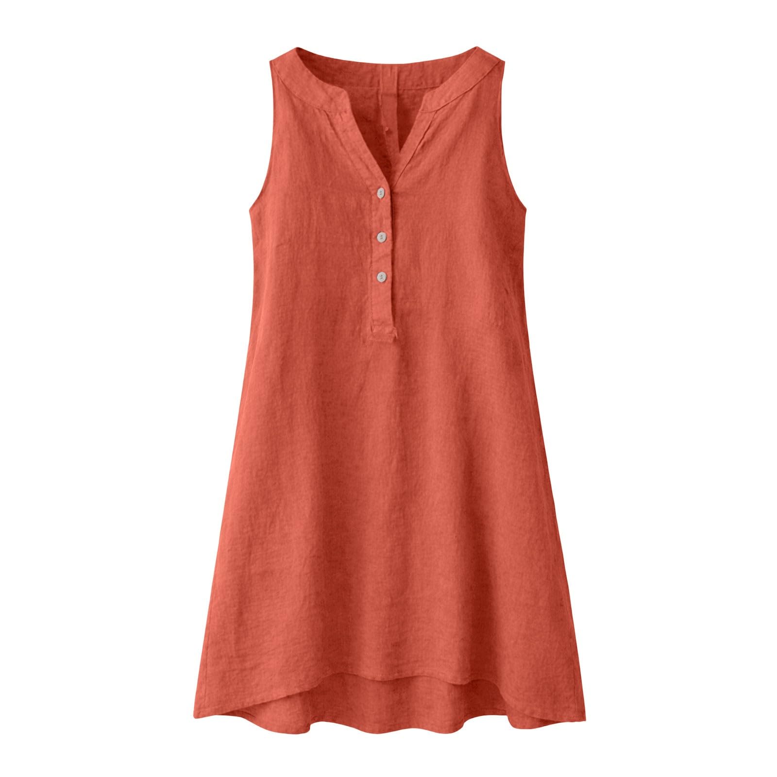 Mini abito da donna in lino e cotone, senza maniche, con scollo a V, per il tempo libero, con tasche laterali e bottoni decorativi, abito estivo per vacanze, spiaggia, lounge