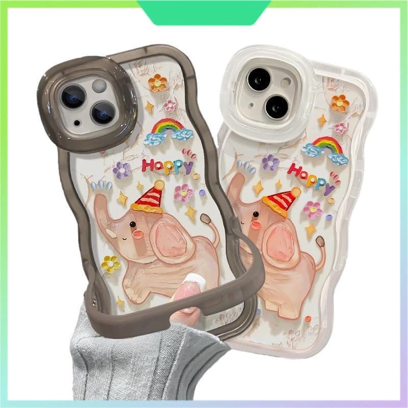 Image of COVERLY 3D Cute New Baby Elephant Cartoon Rainbow Star Floral Decor Wave Curly Edge Invisible Double Phone Stand Holder Happy Dance Cover Girly Charm Case for Apple iPhone 15 Pro Max (White Color)