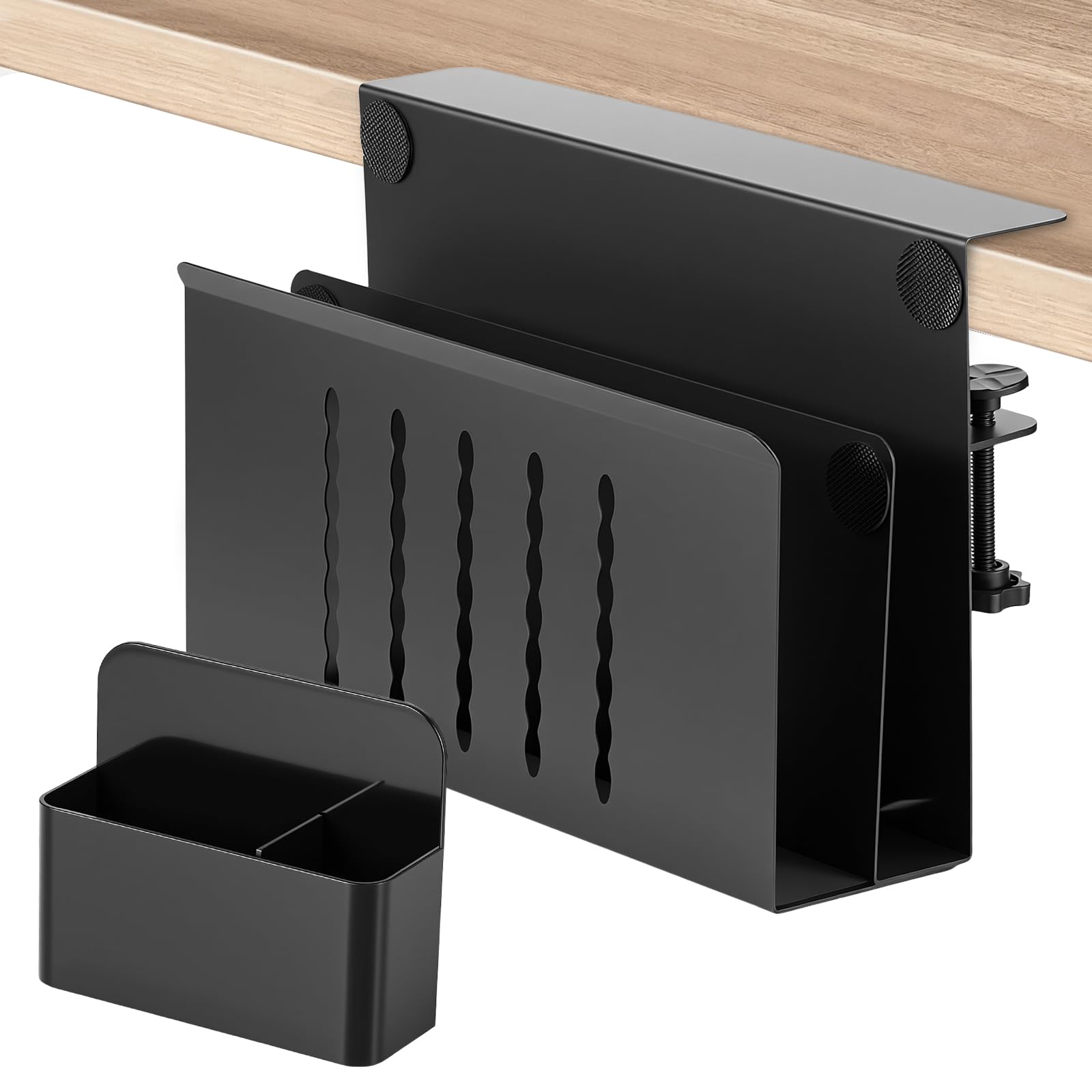 Soporte lateral de escritorio, soporte de metal para portátil sin taladrar, con soporte magnético para bolígrafos, almacenamiento debajo del escritorio y soporte para ordenador portátil para