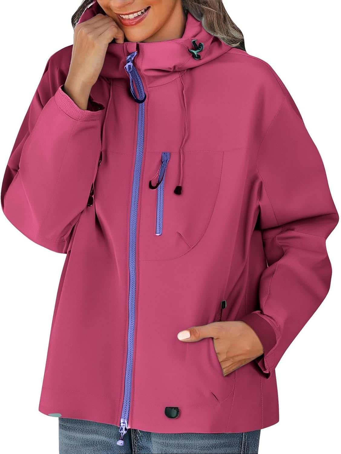 Zip Up Jacket for Women Hooded Lightweight Windbreaker Outdoor Coat | Women's Casual Softshell Jacket with Contrast Zipper, Snap Button Cuff, Zip Pockets for Fall Spring Travel Hiking