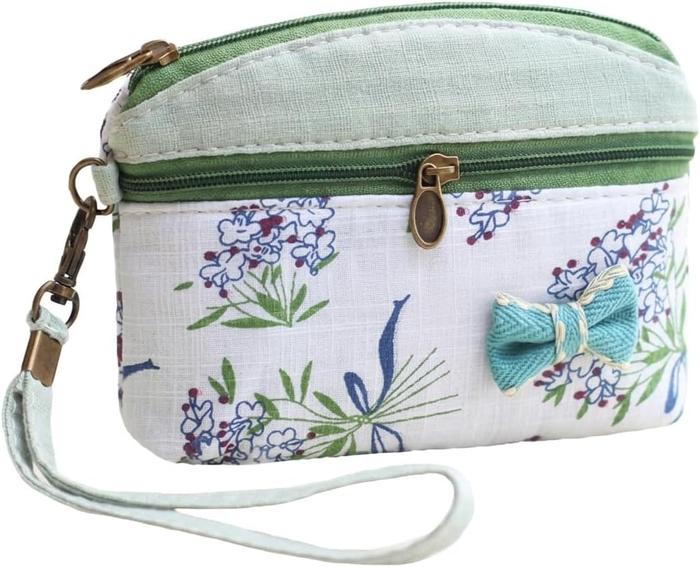 LIFKOME Green Embroidered Floral Purse Cotton Zipper Wallet for Girls