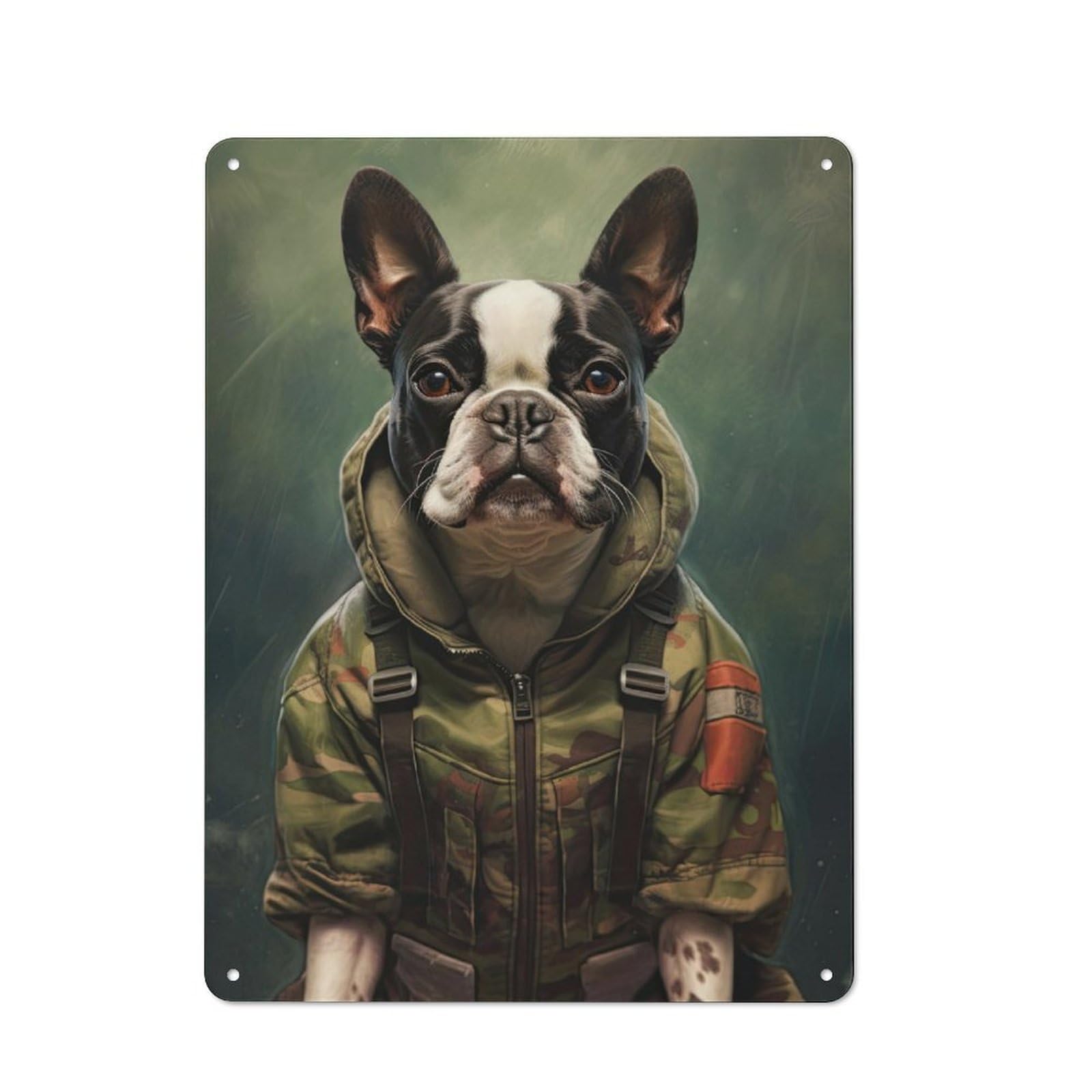 Junmoney Boston Terrier Camo Jacket Tin Sign 40X30cm With For Pub Or Café, Rustic Decor, For Kitchen, Dining Room And Home Bar Wall Decor