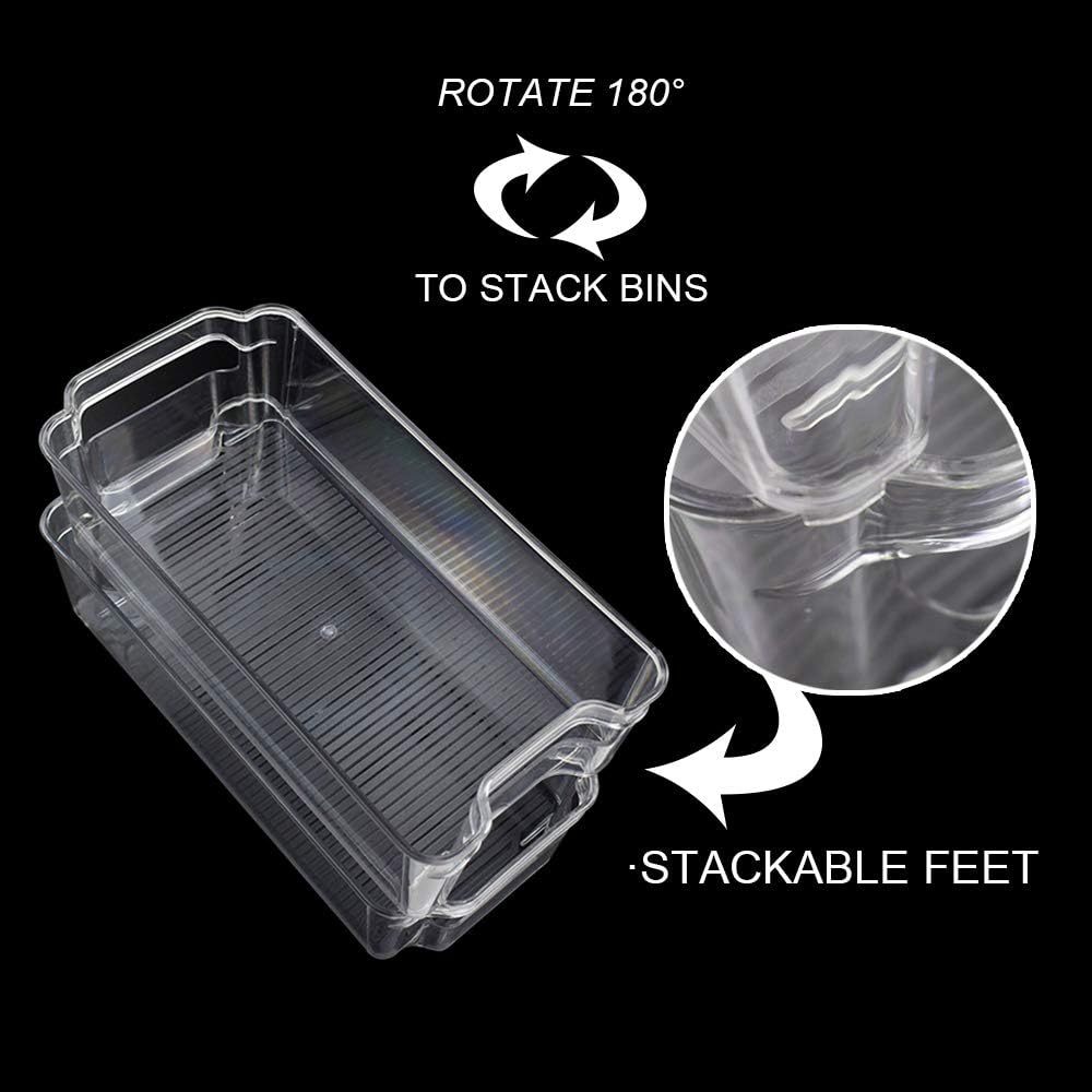 Fridge Organizer Bins stackable 4 Pack 12.5" Long Clear Plastic Storage Bins Pantry Organizers and Storage with Handle for Refrigerator Organizer Bins,Freezers,Kitchen Countertops-BPA Free