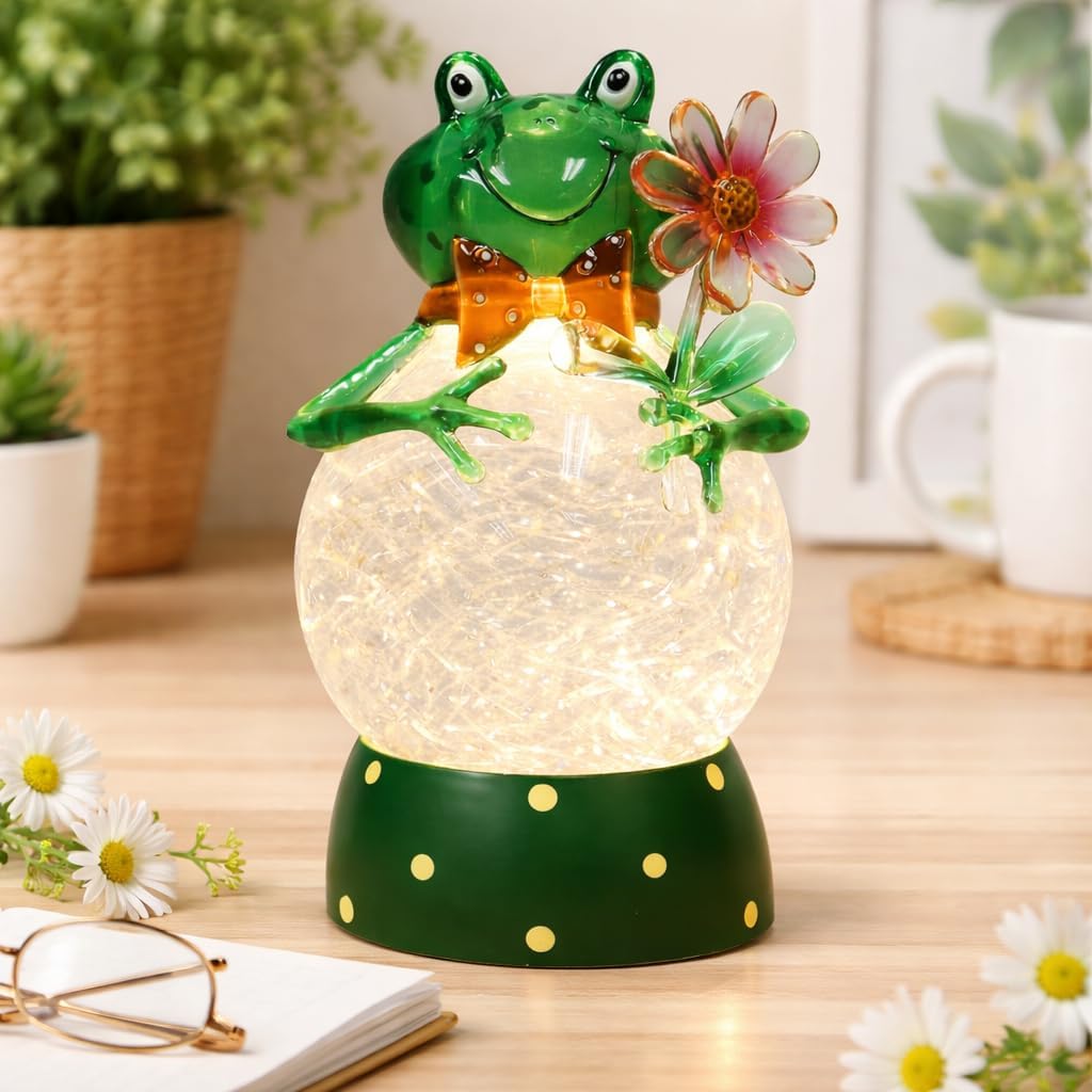 MOMENTS IN TIME Acrylic Frog Snow Globe LED Light-Up Water Glitter Ball with Flower, Battery Operated Home Decor Accent, Whimsical Glass Frog Decoration