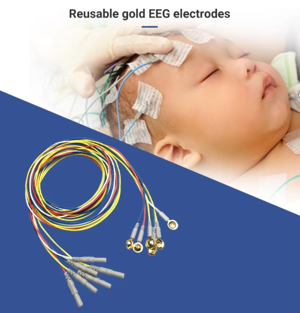 EEG Gold Cup Electrodes, 59 Inch Multicolor Cables, DIN 1.5mm Plug, Electroencephalogram Leads, 10pcs/pkg