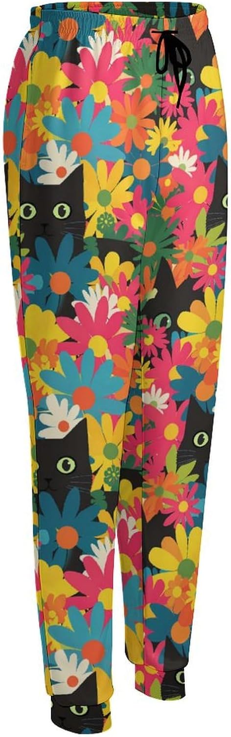 Black Cat Hiding in Spring Flowers Soft Women's Sweatpants Novelty Running Joggers Pants Lounge Wear