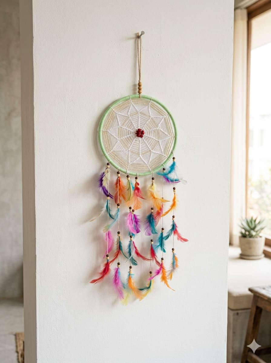 Dream Catcher Wall Hanging, Green Frame with Multicolor Feathers, Handmade Boho Decor, Spider Web Design with Red Center Bead-image-16