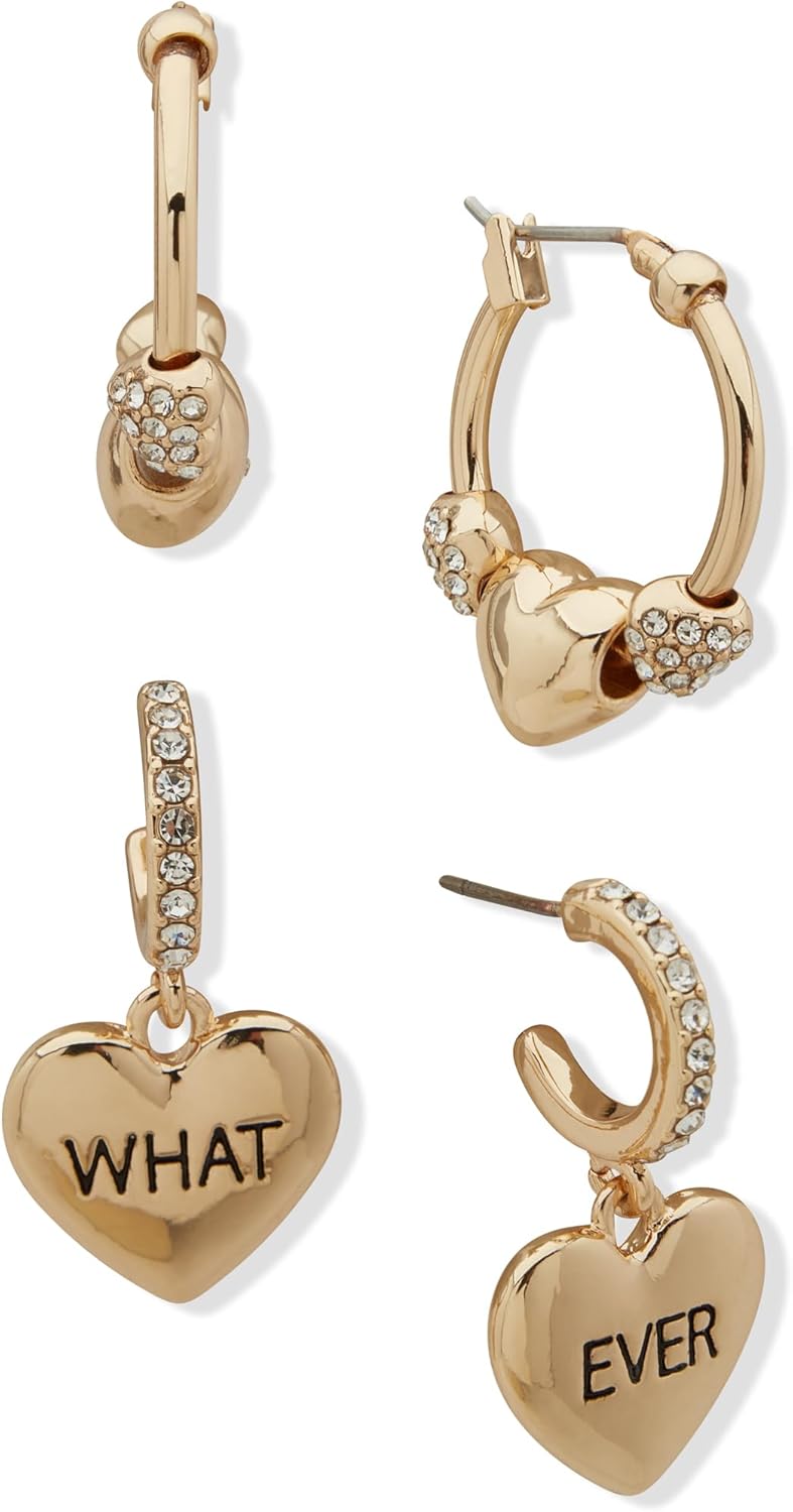 Clueless Boxed Gold Tone Crystal Slider Hoop And Heart Charm Hoop Earrings Duo Set