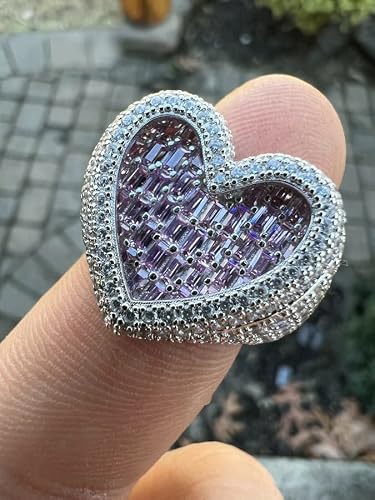 Mens Ladies Pink Baguette Ring - Real Solid 925 Silver Heart Ring - Hip Hop 3D Heart Shaped Ring - Iced Ring Sz 5-13 (7) #TOP2