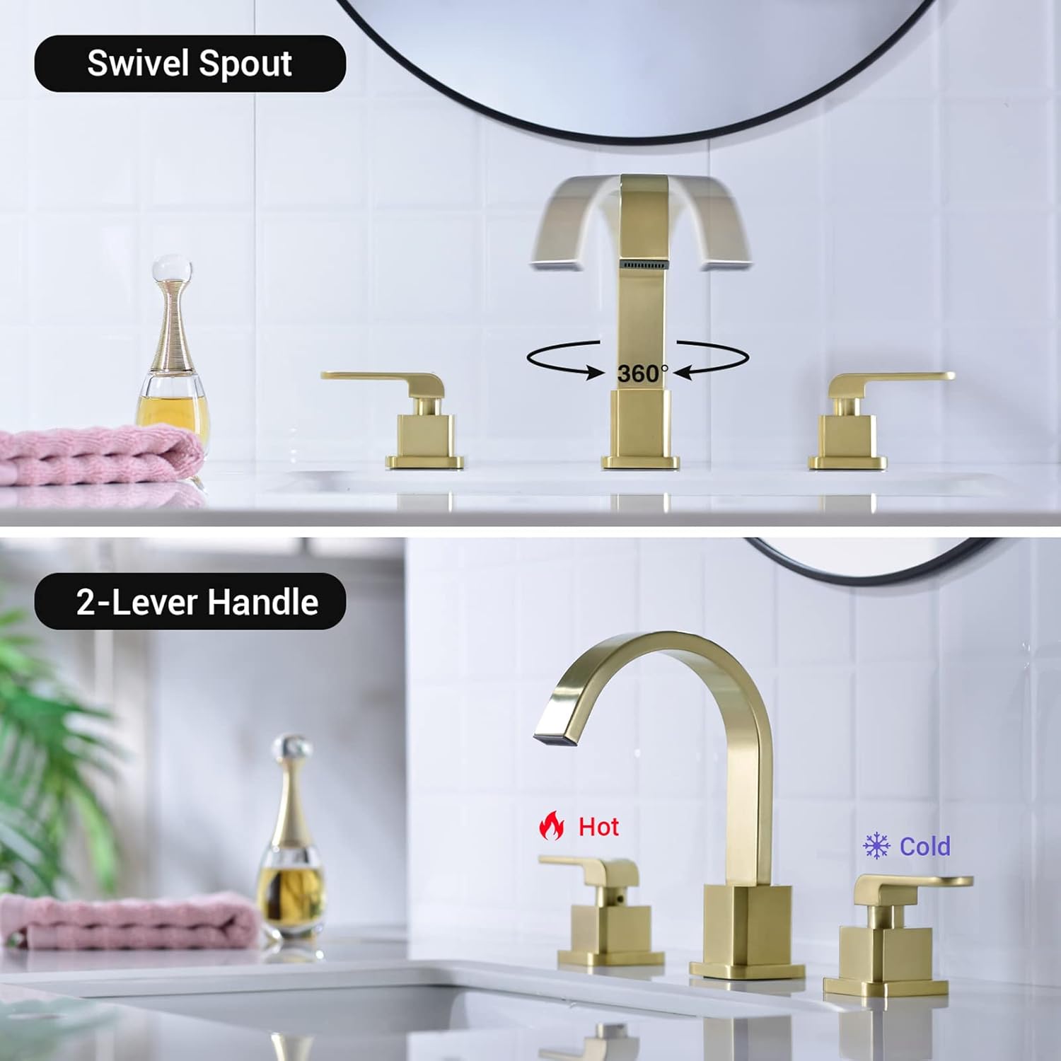 TRUSTMI 2 Handle 8 Inch Widespread Bathroom Faucet with Pop Up Drain Assembly Brass Square Waterfall Vanity Basin Sink Mixer Tap, Brushed Gold - - 
